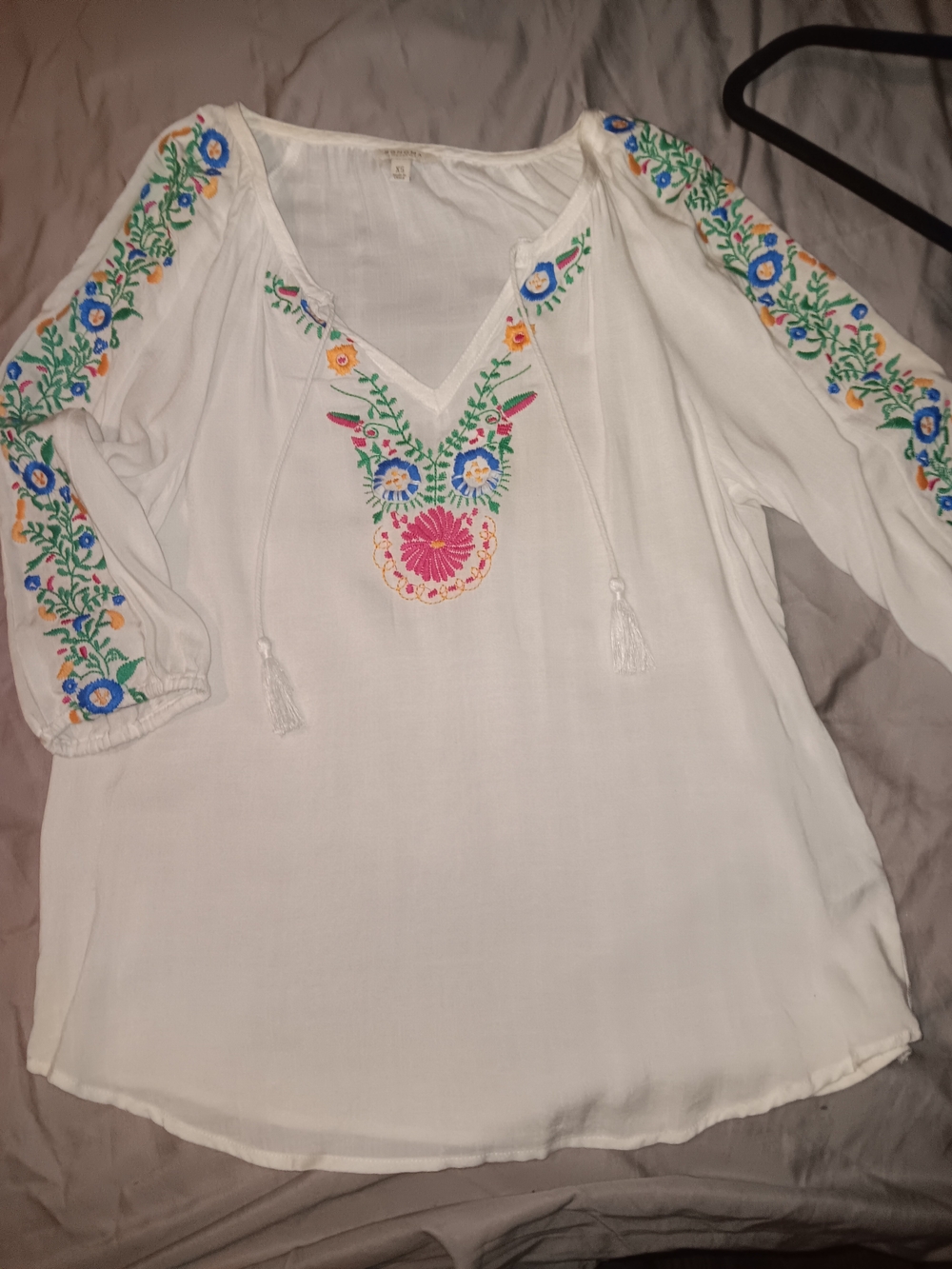 Sonoma White Boho Top with Pink, Green & Blue Floral Embroidery